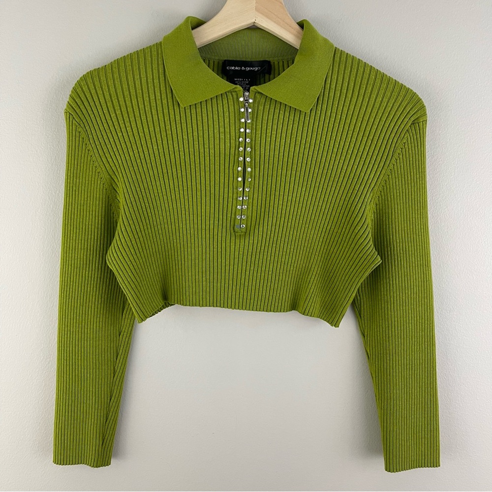 CABLE & GAUGE Y2K 90’s Vibes Green Ribbed Rhinestone Half Zip Cropped Sweater - Picture 2 of 10